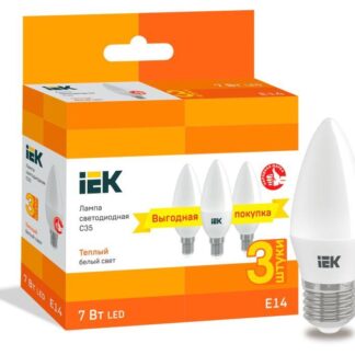 Лампа светодиодная C35 свеча 7Вт 230В 3000К E14 (уп.3шт) IEK LLE-C35-07-230-30-E14-3