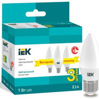 Лампа светодиодная 7Вт C35 свеча 4000К нейтр. бел. E14 230В (уп.3шт) IEK LLE-C35-07-230-40-E14-3