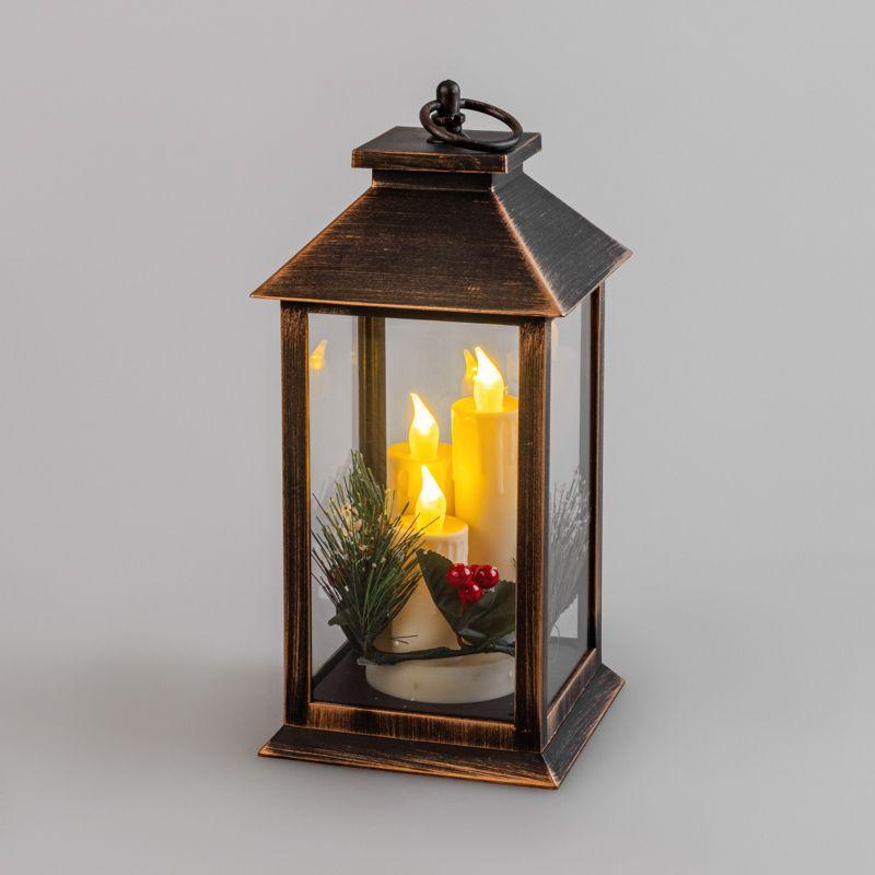 Фонарь декоративный 14х14х27см тепл. бел. со свечкой и шишкой корпус бронз. Neon-Night 513-048