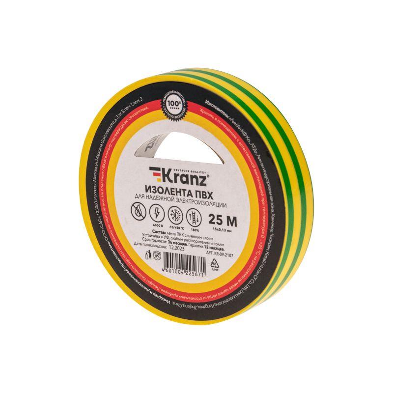 Изолента ПВХ 0.13х15мм 25м желт./зел. (уп.5шт) Kranz KR-09-2107