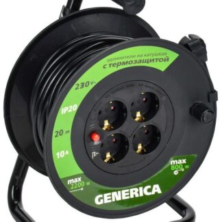 Удлинитель на катушке 4х20м 10А IP20 УК20 2P+PE 3х1 термозащита GENERICA WKP10-10-04-20-G