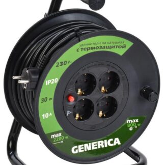 Удлинитель на катушке 4х30м 10А IP20 УК30 2P+PE 3х1 термозащита GENERICA WKP10-10-04-30-G