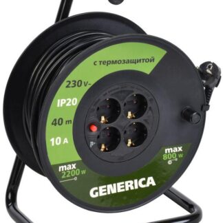 Удлинитель на катушке 4х40м 10А IP20 УК40 2P+PE 3х1 термозащита GENERICA WKP10-10-04-40-G