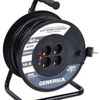 Удлинитель на катушке 4х40м 16А IP20 УК40 2P+PE 3х1.5 термозащита GENERICA WKP20-16-04-40-G